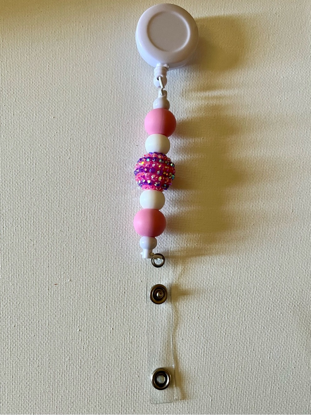 Pink Beaded Retractable Badge/Bib Reel with Sparkly Bead Accents